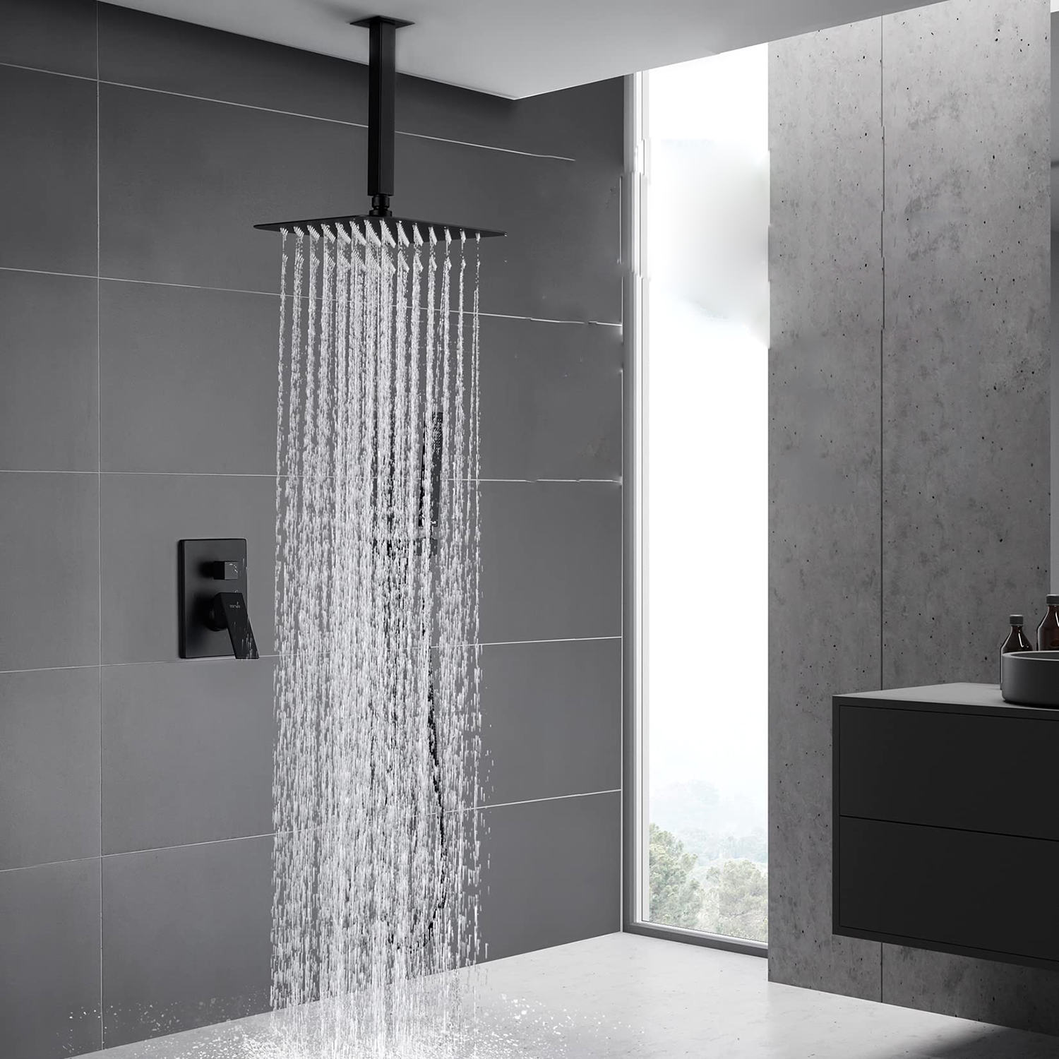 Bagno Sistema doccia a pioggia quadrato da 12 pollici con montaggio a soffitto nero opaco con doccia a mano
