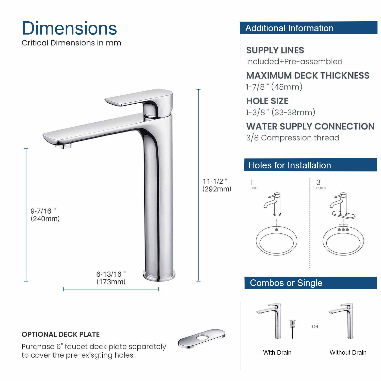 Rubinetto per lavabo alto in ottone CUPC Maniglia singola Rubinetto per lavabo da bagno cromato a un foro con linea di alimentazione dell'acqua