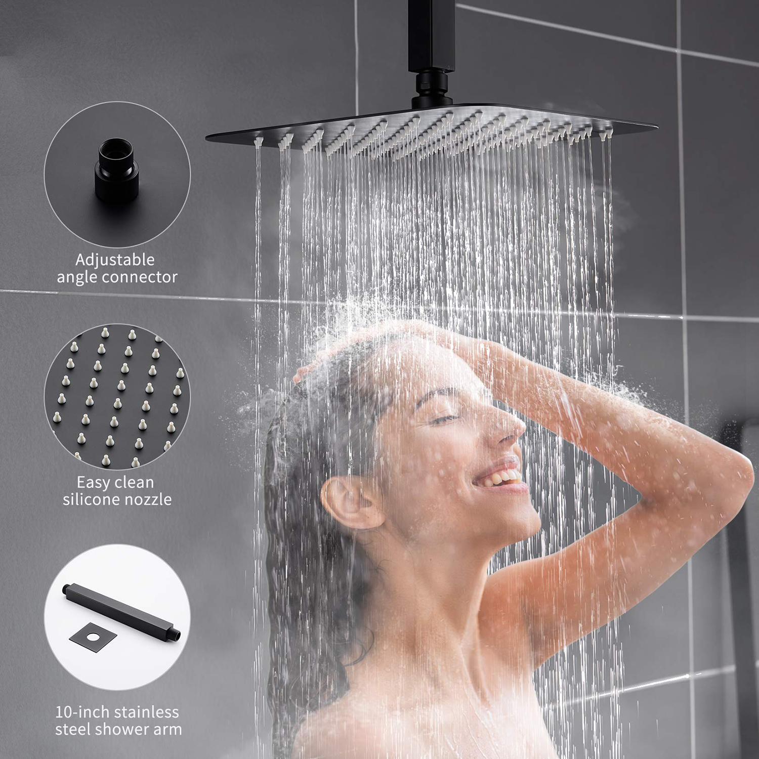 Bagno Sistema doccia a pioggia quadrato da 12 pollici con montaggio a soffitto nero opaco con doccia a mano