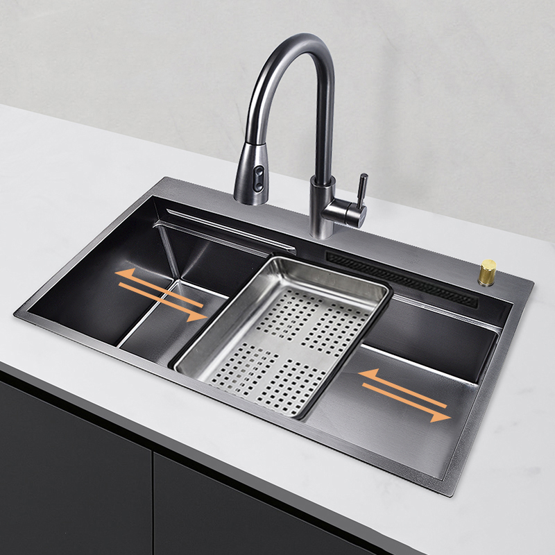 Lavello da cucina nano moderno in acciaio inossidabile 304 fatto a mano di lusso con rubinetto a cascata multifunzione