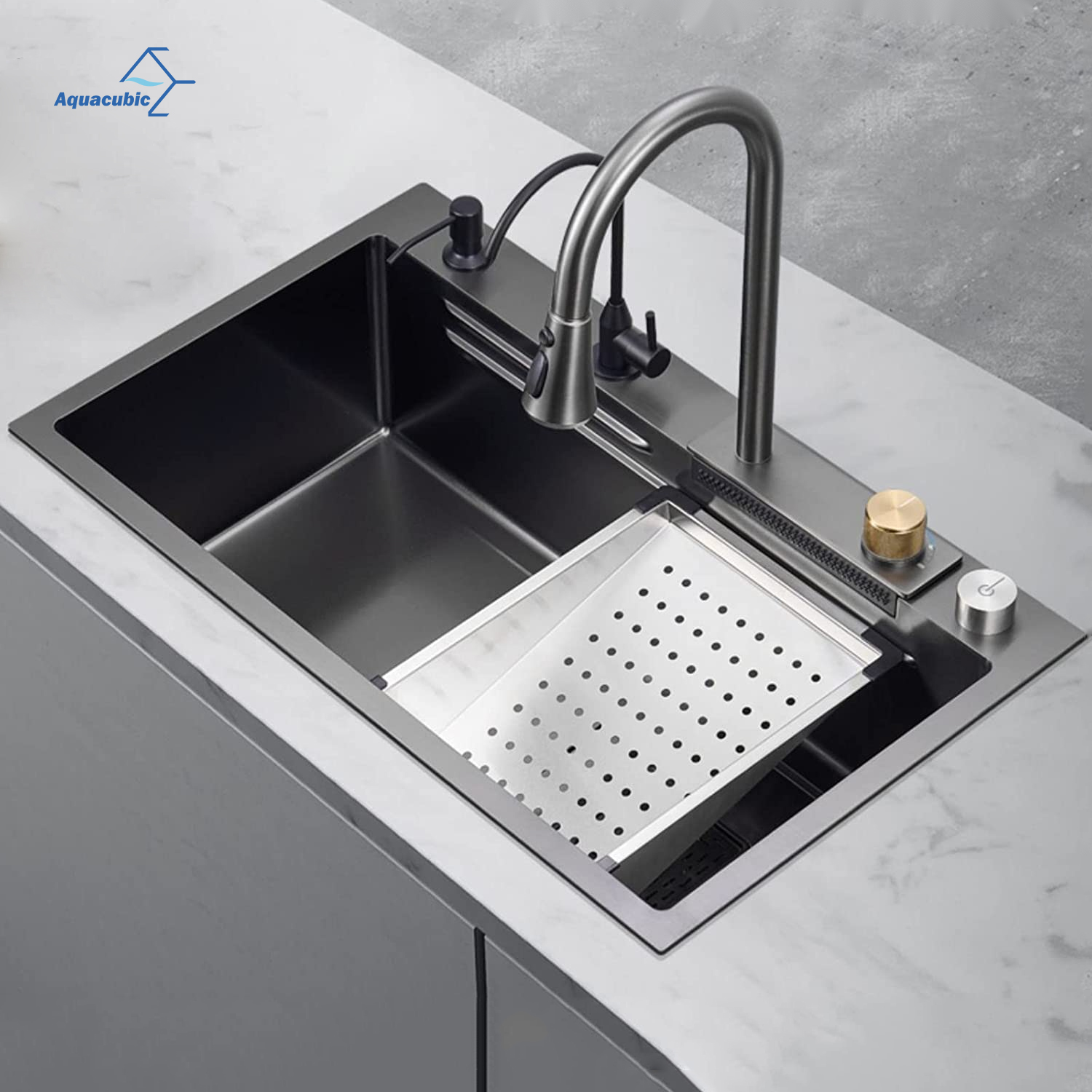 Lavello da cucina intelligente da incasso a vasca singola Aquacubic in acciaio inossidabile nero Lavello da cucina per workstation Topmount con accessori per rubinetti