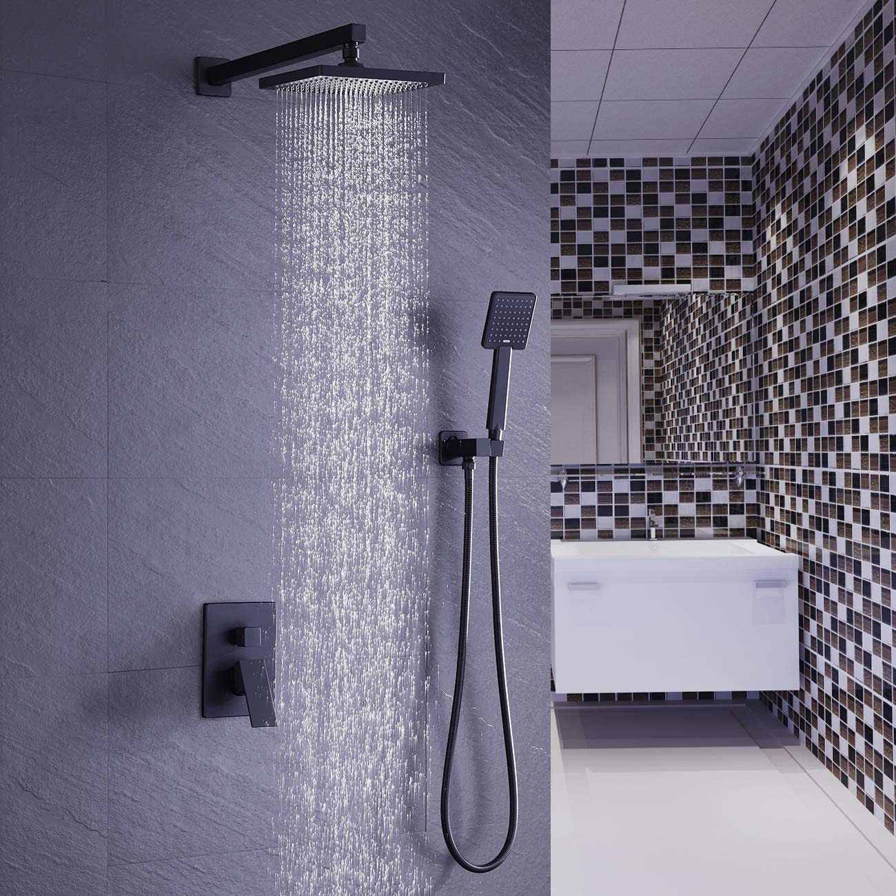 Set di rubinetti per doccia nascosti da bagno nero di lusso per la casa con testa grande