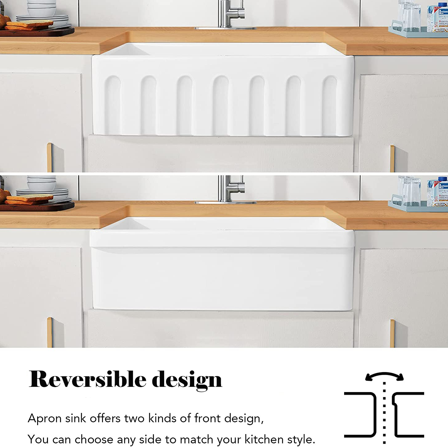 Lavello da cucina in ceramica refrattaria reversibile rettangolare a vasca singola dal design unico, 76,2 x 50,8 cm, con filtro e griglia inferiore protettiva.
