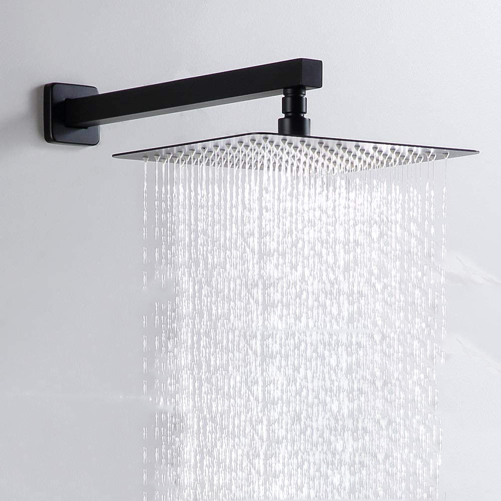 Set di rubinetti doccia per vasca da bagno con doccia a pioggia Aquacubic da 12 pollici quadrati neri opachi con beccuccio per vasca