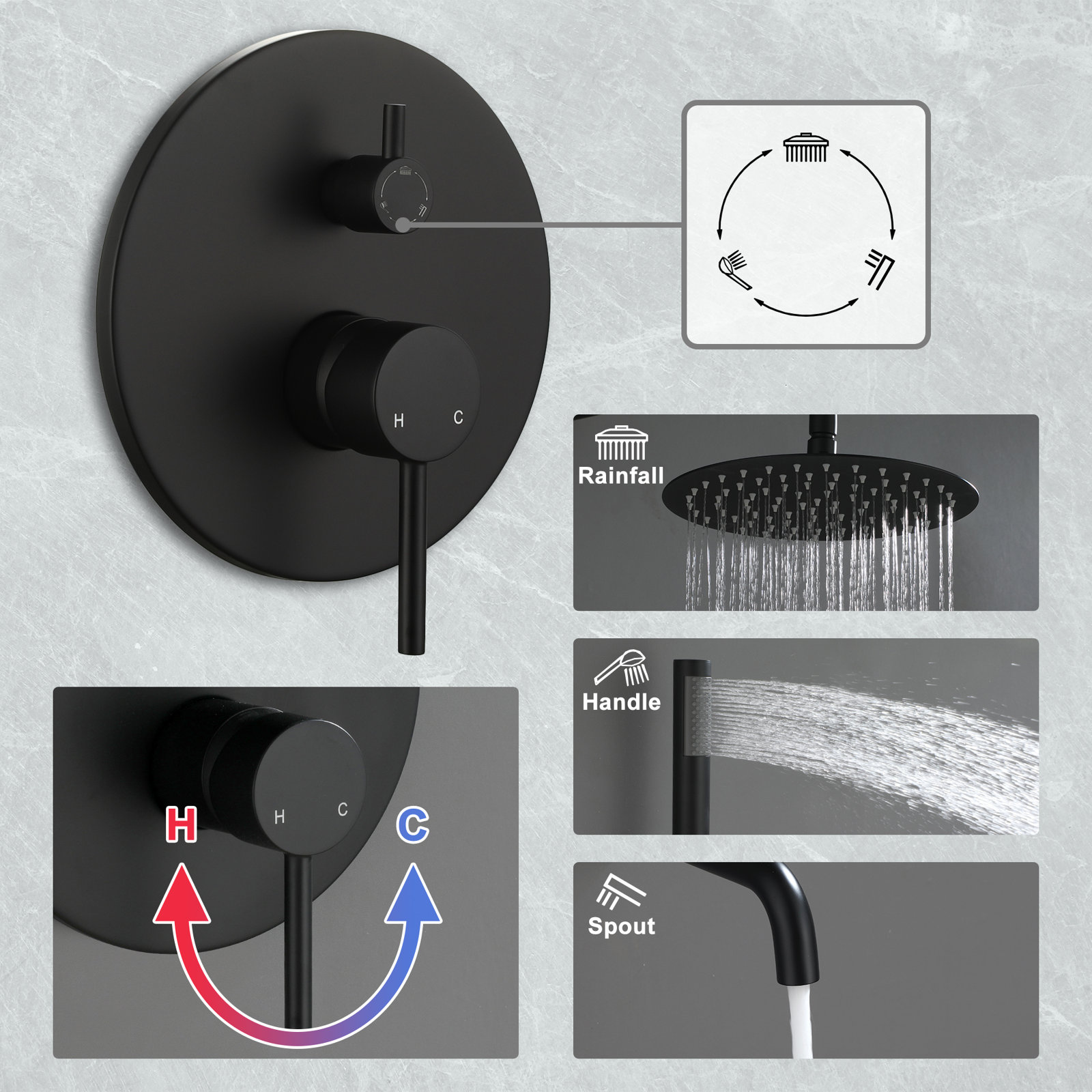 Sistema doccia Aquacubic Black Shower Faucet con soffione doccia a mano