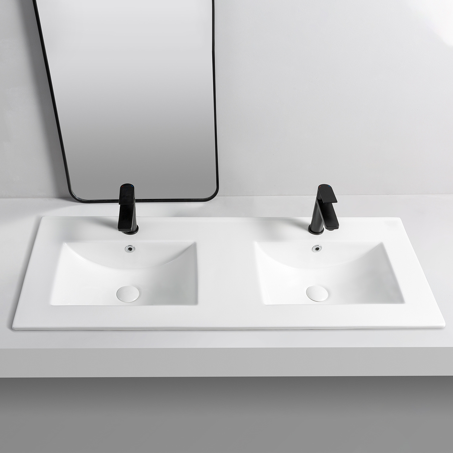 Lavabo da appoggio in ceramica per bagno quadrato, a doppia vasca, con bordo autofilettante, Aquacubic
