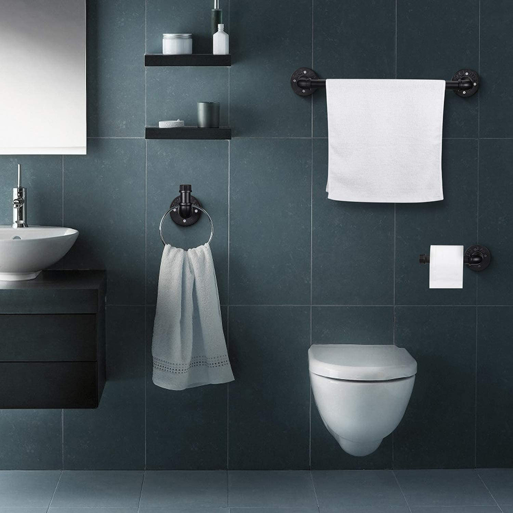 Set di accessori per il bagno con tubi industriali neri elettrolitico moderno ed elegante del kit Pipe Decor da 4 pezzi