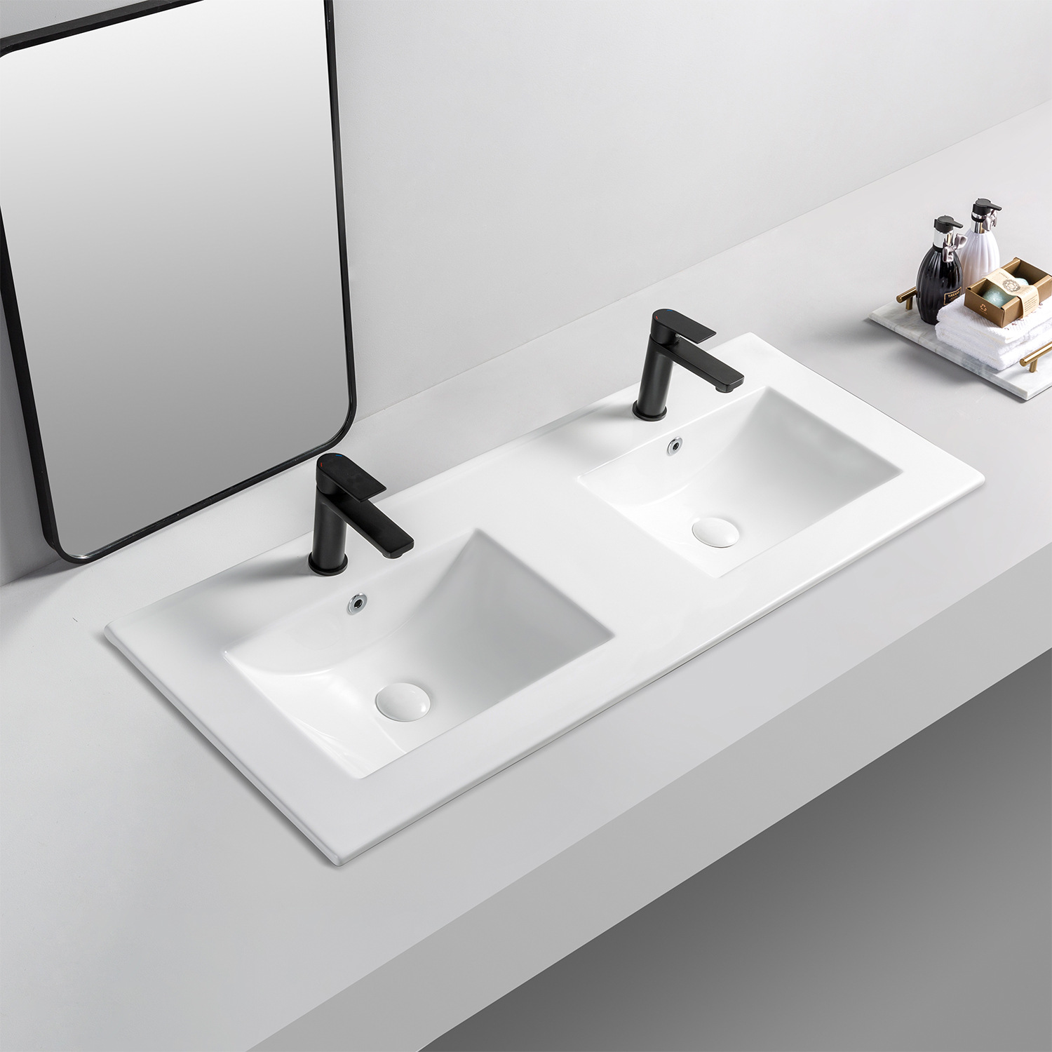 Lavabo da appoggio in ceramica per bagno quadrato, a doppia vasca, con bordo autofilettante, Aquacubic
