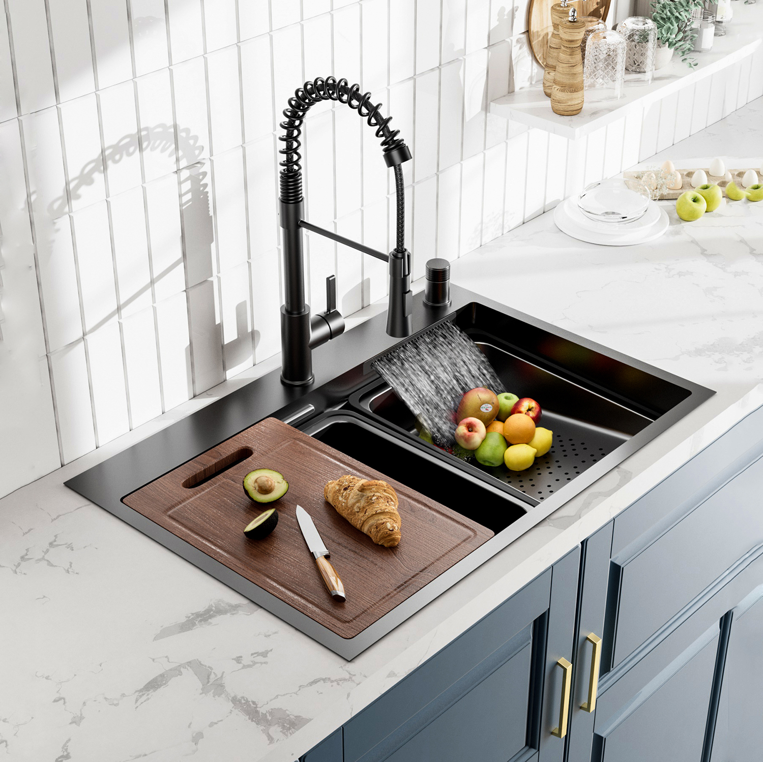 Lavello da cucina nano moderno in acciaio inossidabile 304 fatto a mano di lusso con rubinetto a cascata multifunzione