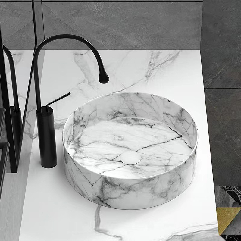 Lavaggio a mano per bagno di design di fascia alta per vanità da ripiano sottile Stampa a trasferimento d'acqua di vendita calda Lavabo artistico in ceramica per hotel