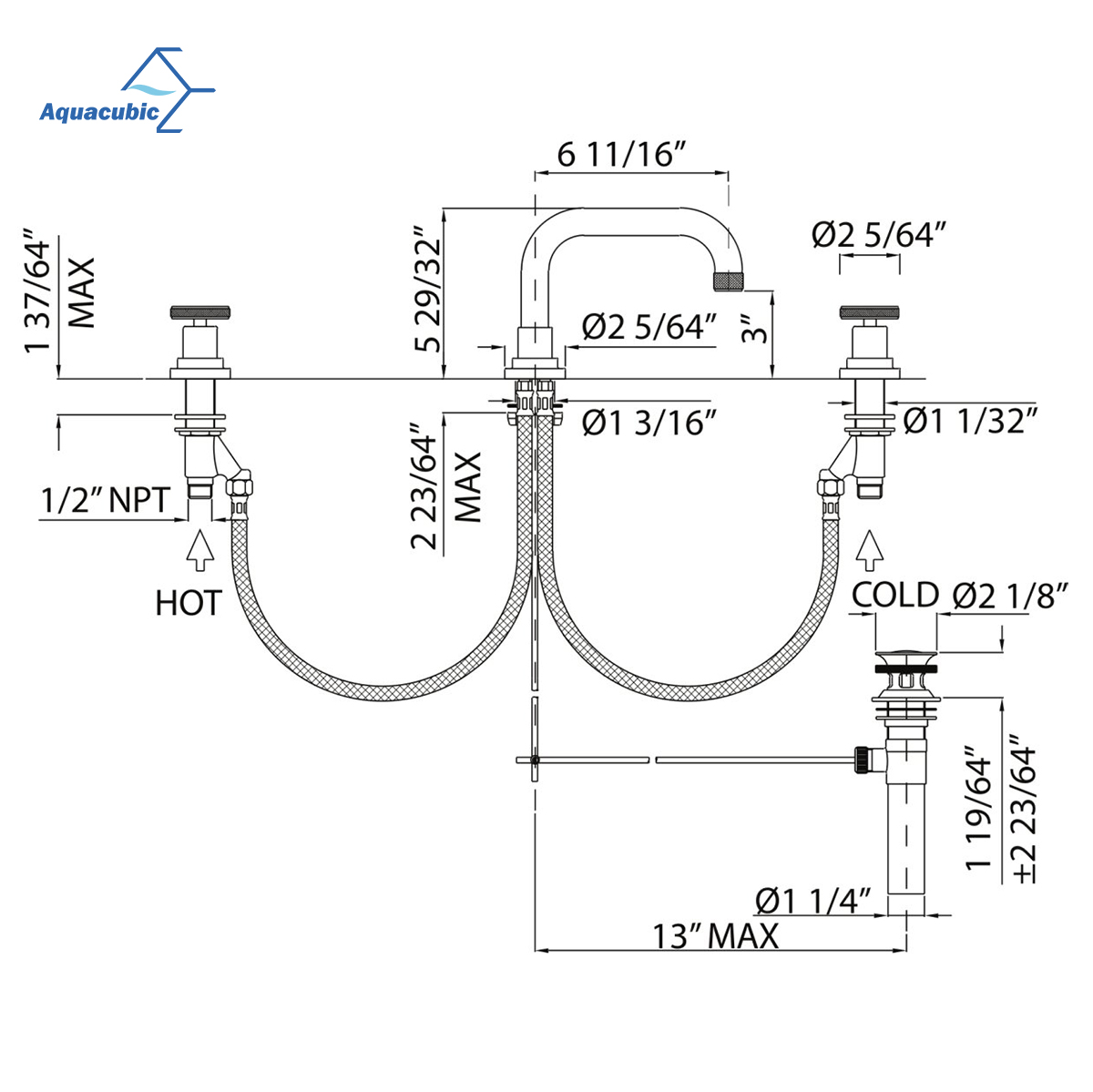 Rubinetto per lavabo con lavabo a 2 maniglie a basso arco moderno in nichel satinato Aquacubic