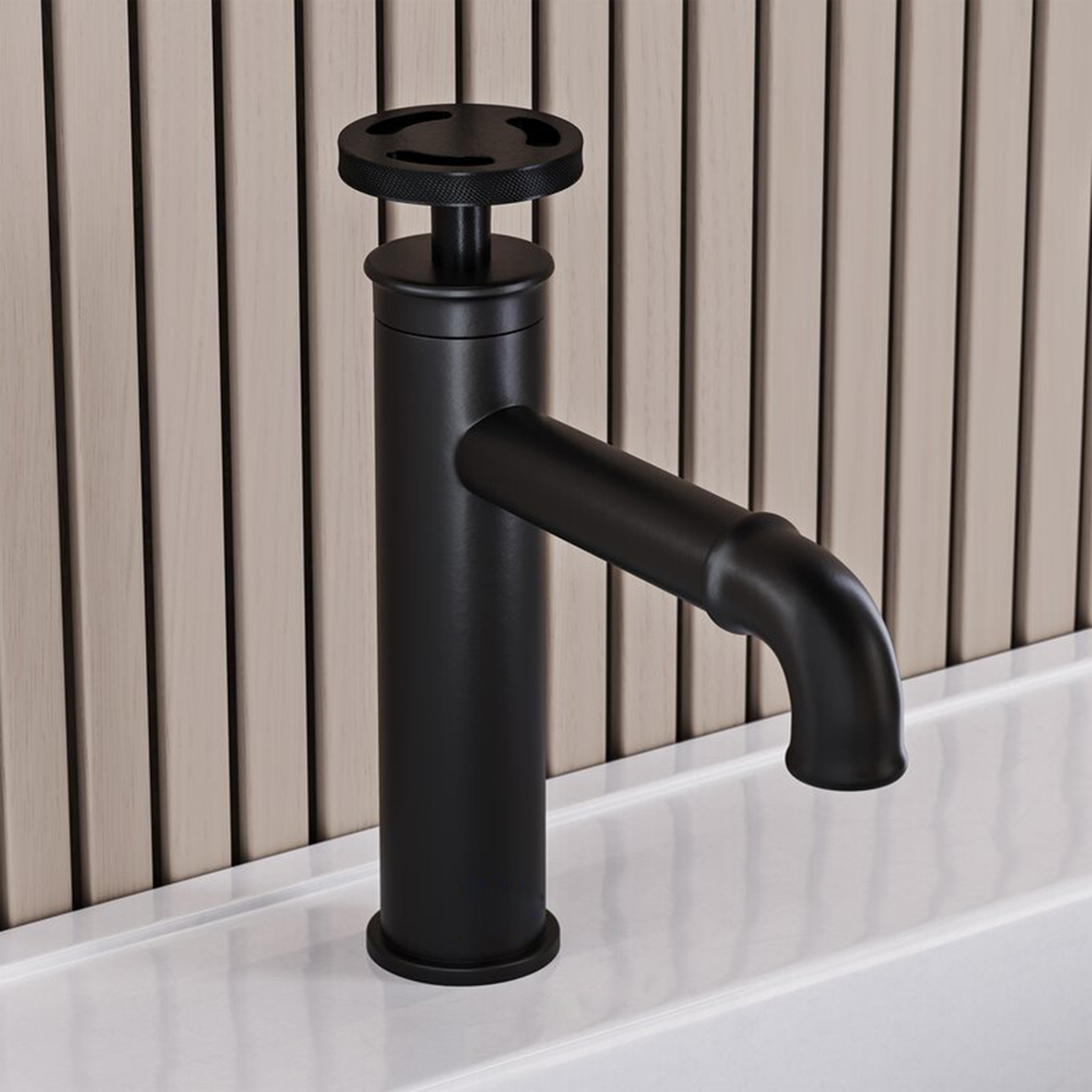 Rubinetto per lavabo da bagno nero opaco industriale con foro singolo moderno personalizzato in fabbrica con maniglia zigrinata