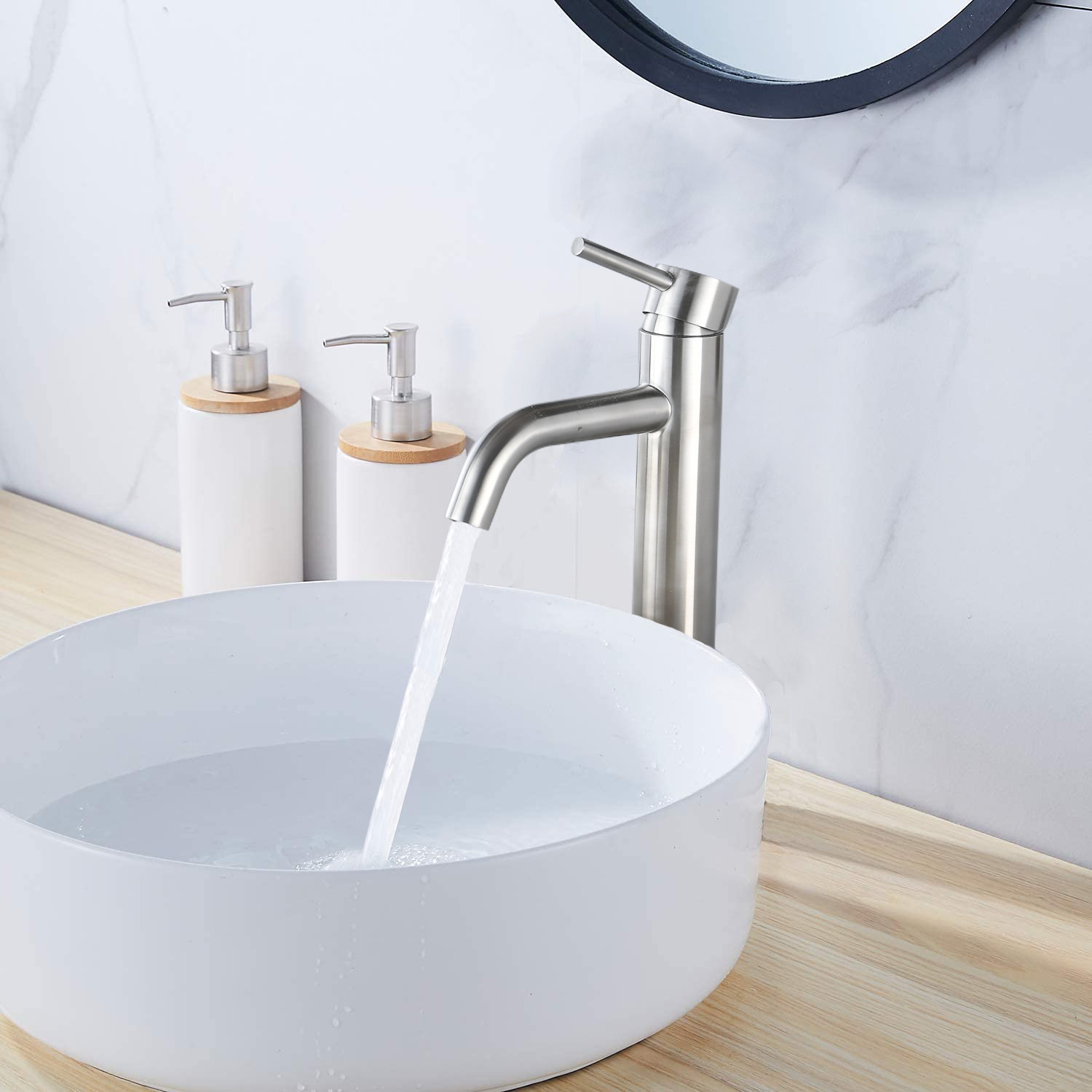 Rubinetto miscelatore lavabo alto per lavabo in acciaio inox con maniglia singola Aquacubic con scarico pop-up
