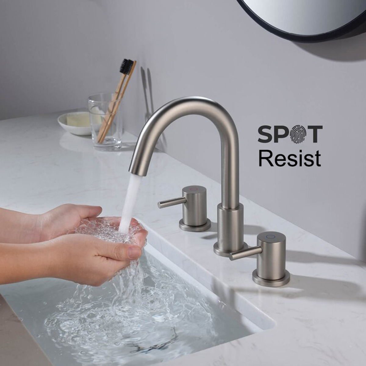 Rubinetto da bagno Aquacubic a due maniglie ad arco alto diffuso in nichel spazzolato con scarico a scomparsa e linee di alimentazione