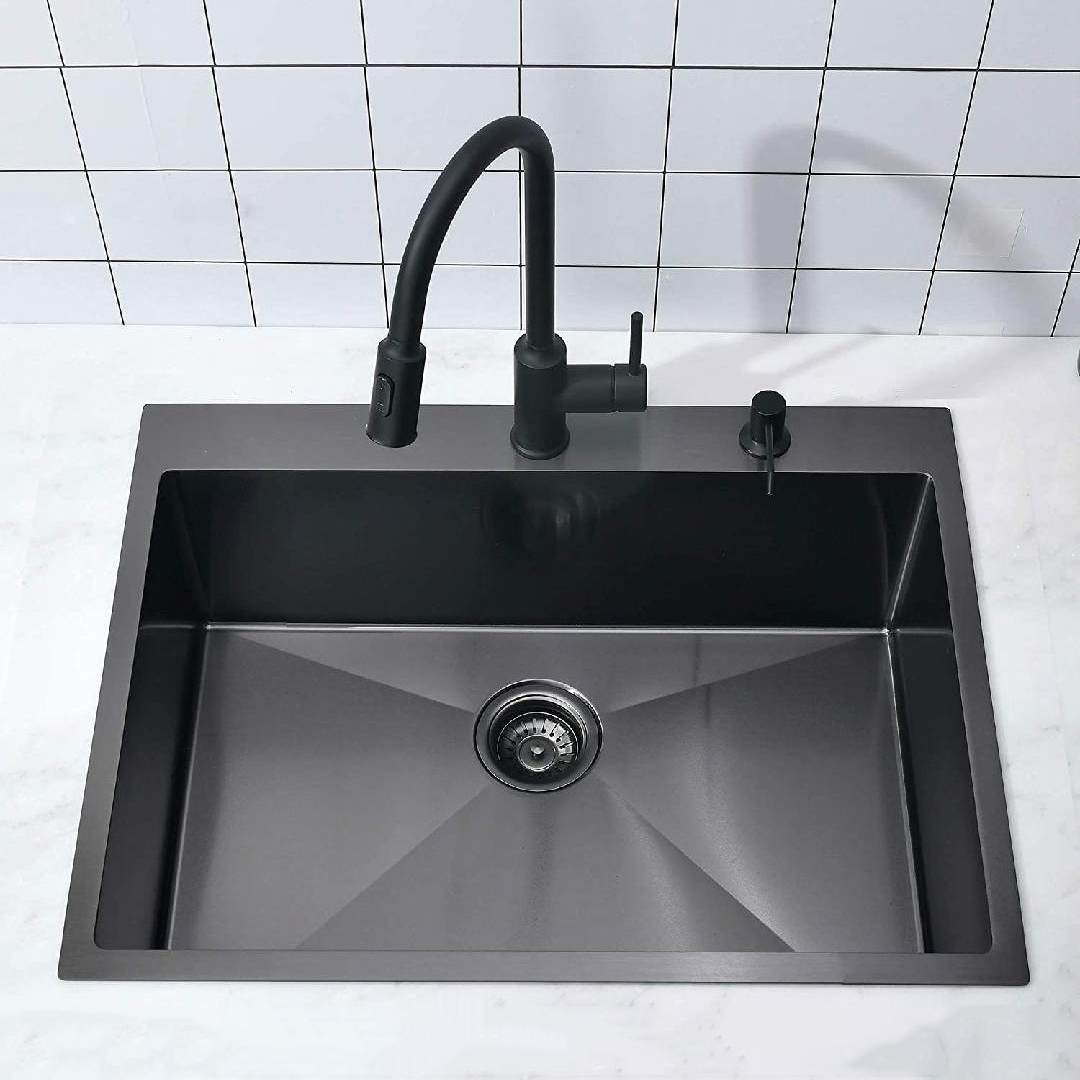 Lavello da cucina Aquacubic da 76,2 x 55,9 cm con vasca singola, in acciaio inox, nero opaco, con montaggio superiore