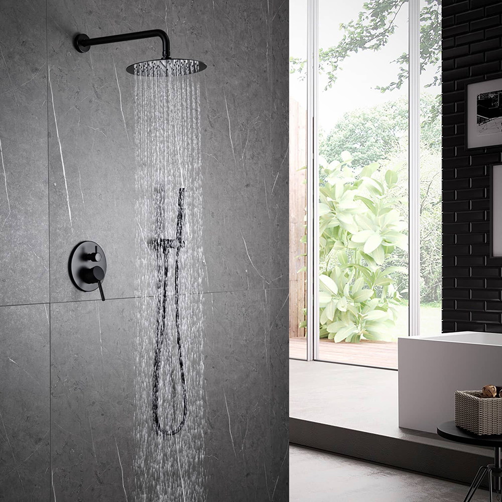Set di rubinetti per doccia con doppia maniglia e soffione a pioggia rotondo da 10 pollici Aquacubic con supporto a parete e doccetta