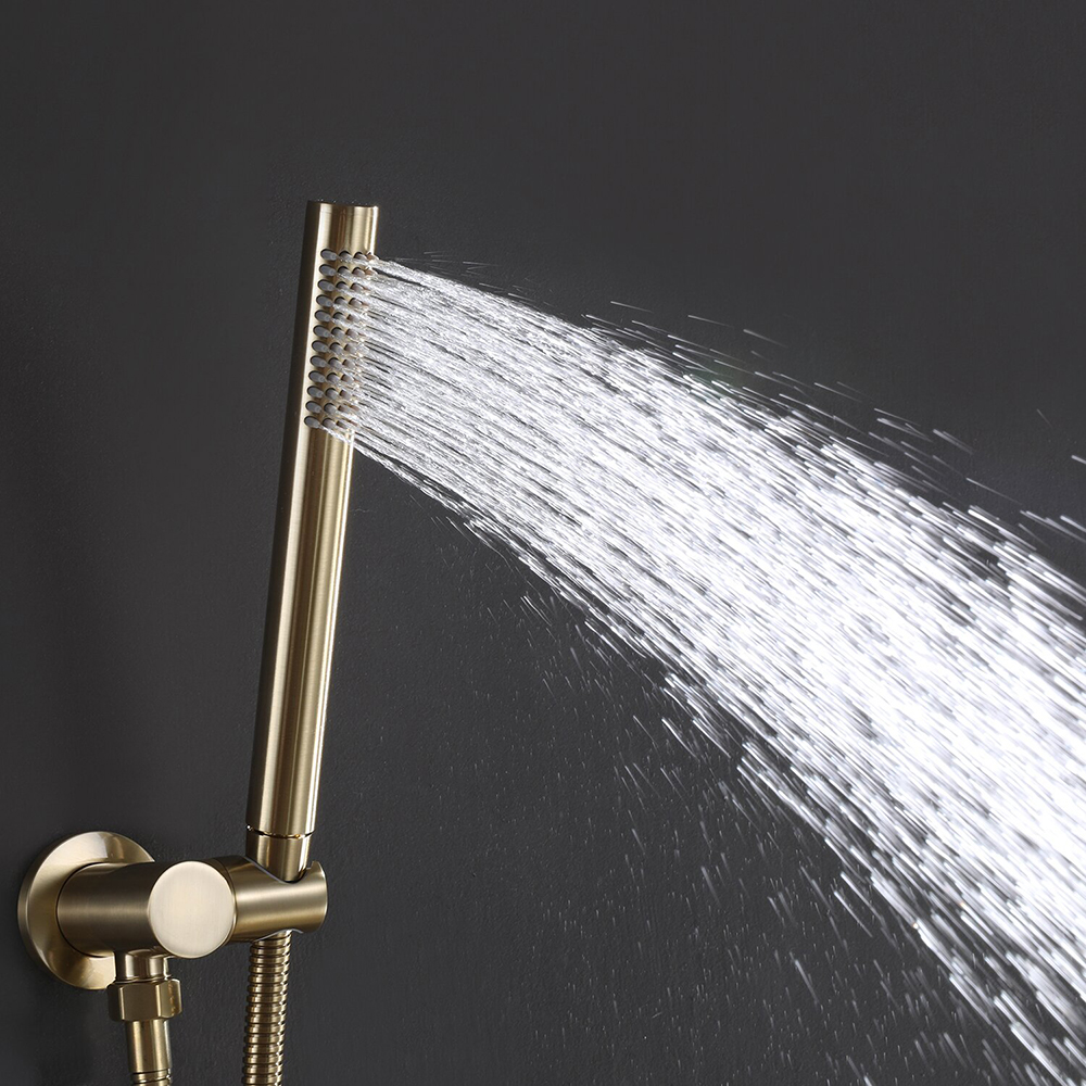 Set di rubinetti per doccia a doppia maniglia in oro spazzolato Aquacubic Soffione doccia a pioggia da 10 ' con spruzzatore per doccia a mano