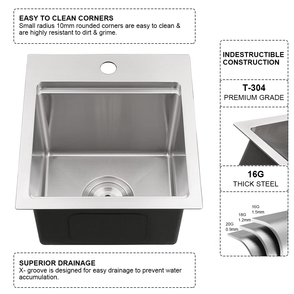 Lavello da bar da cucina in acciaio inossidabile da 15 pollici calibro 16 personalizzato Lavello da cucina per esterni fatto a mano con griglia e scarico per piatti