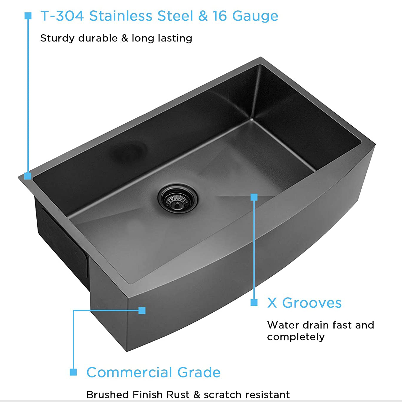 Lavello da cucina in acciaio inox a una vasca singola nero