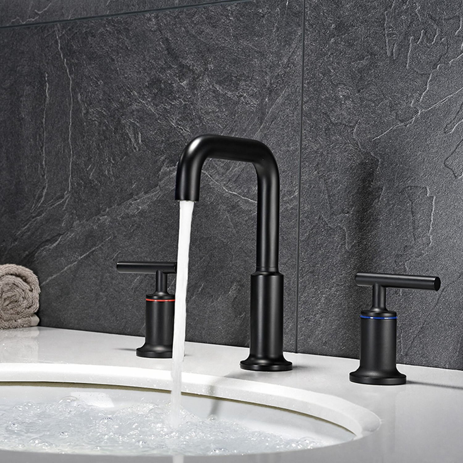 Rubinetto per lavabo da bagno nero diffuso a due maniglie ad arco alto Aquacubic 3 fori con scarico a scomparsa