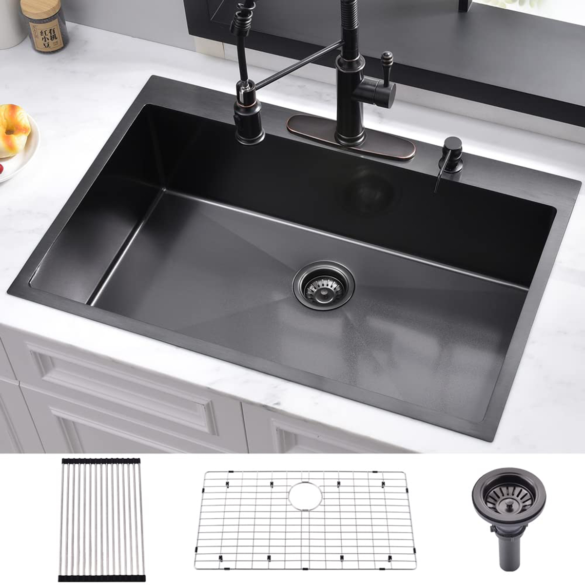 Lavello da cucina Topmount con vasca singola rettangolare in granito moderno profondo 36 '× 22 ' in acciaio inossidabile 304 fatto a mano