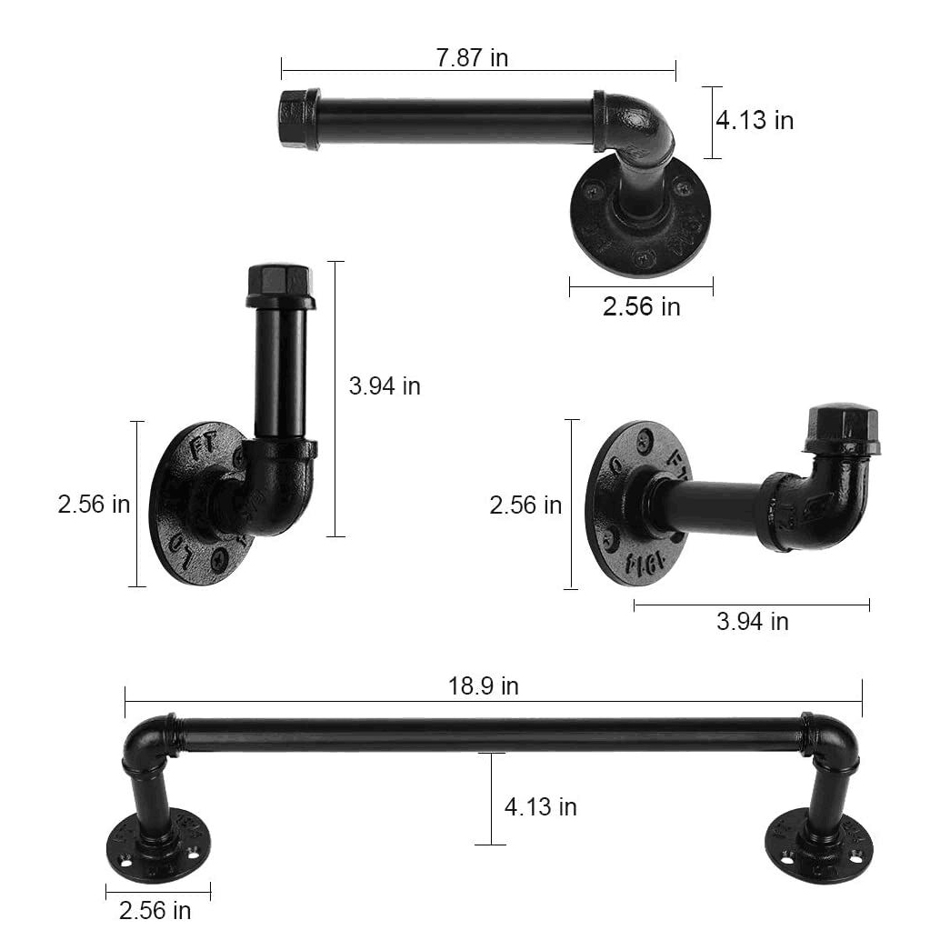 Set di accessori per il bagno con tubi industriali neri elettrolitico moderno ed elegante del kit Pipe Decor da 4 pezzi