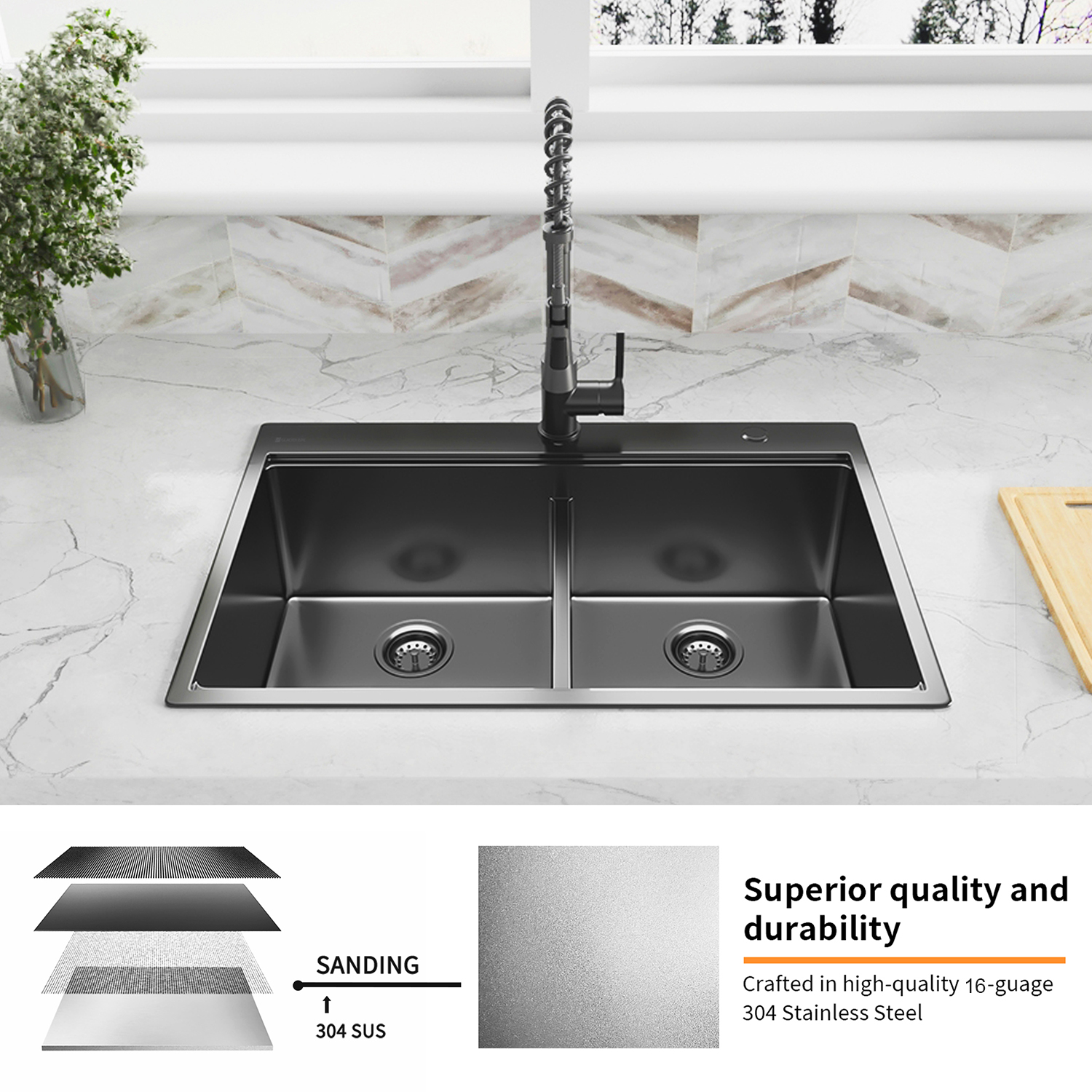 Aquacubic 33*22 pollici Gunmetal Black Acciaio inossidabile 304 Lavello da cucina Topmount a doppia vasca con ripiano e accessori