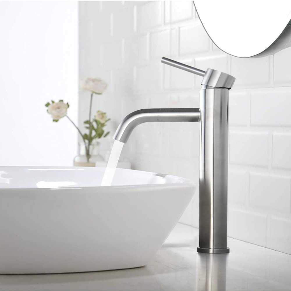 Rubinetto miscelatore lavabo alto per lavabo in acciaio inox con maniglia singola Aquacubic con scarico pop-up