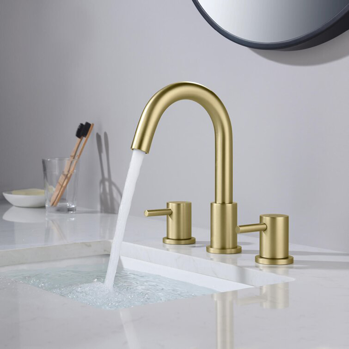 Rubinetto per lavabo da bagno in oro da 8 pollici Aquacubic 3 fori diffusi con valvola e tubi di alimentazione dell'acqua cUPC