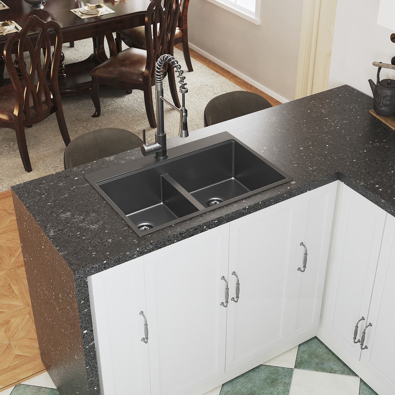 Aquacubic 33*22 pollici Gunmetal Black Acciaio inossidabile 304 Lavello da cucina Topmount a doppia vasca con ripiano e accessori