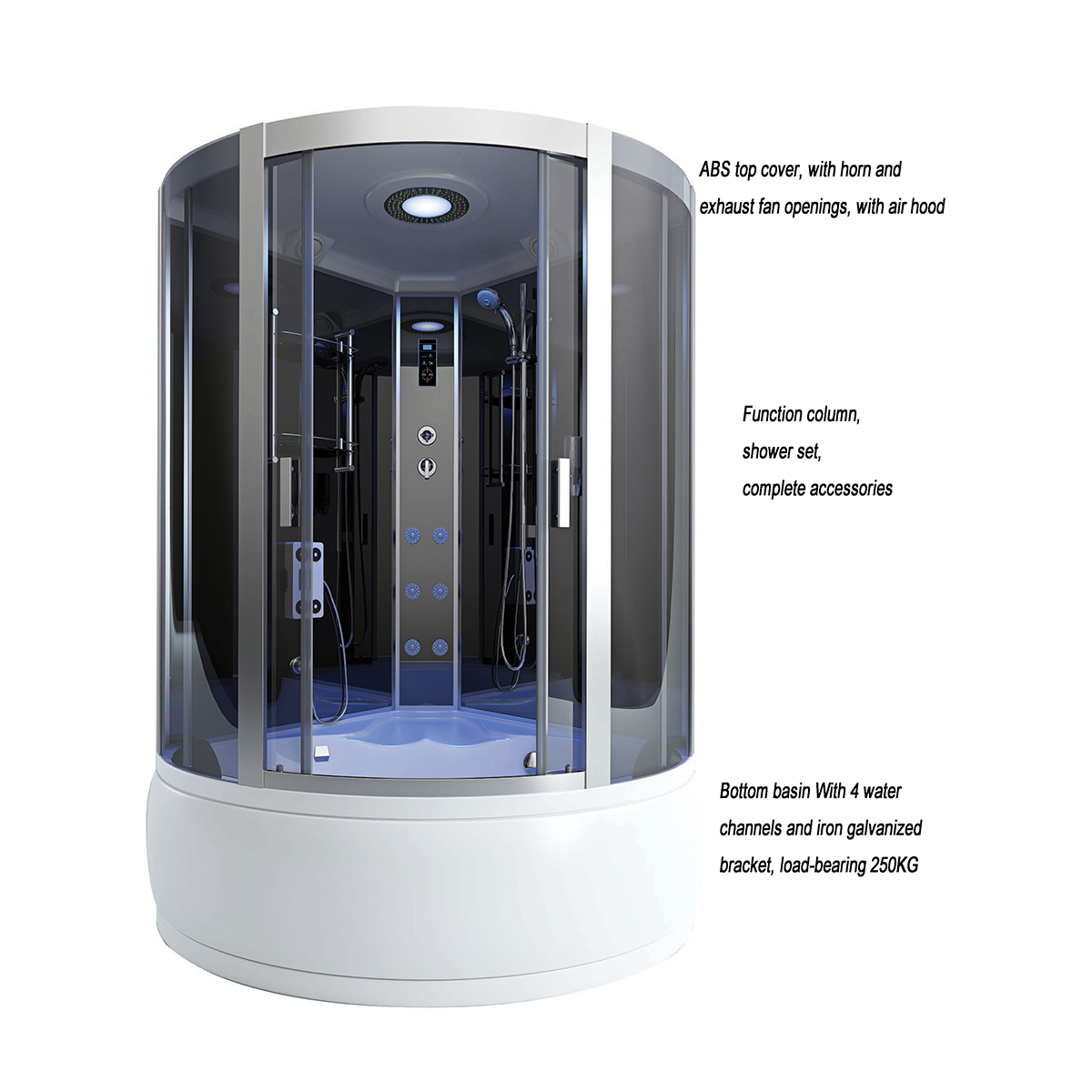 Cabina angolare con doccia a vapore e porte scorrevoli in vetro, getti massaggianti, radio, ventilazione, illuminazione, ventola