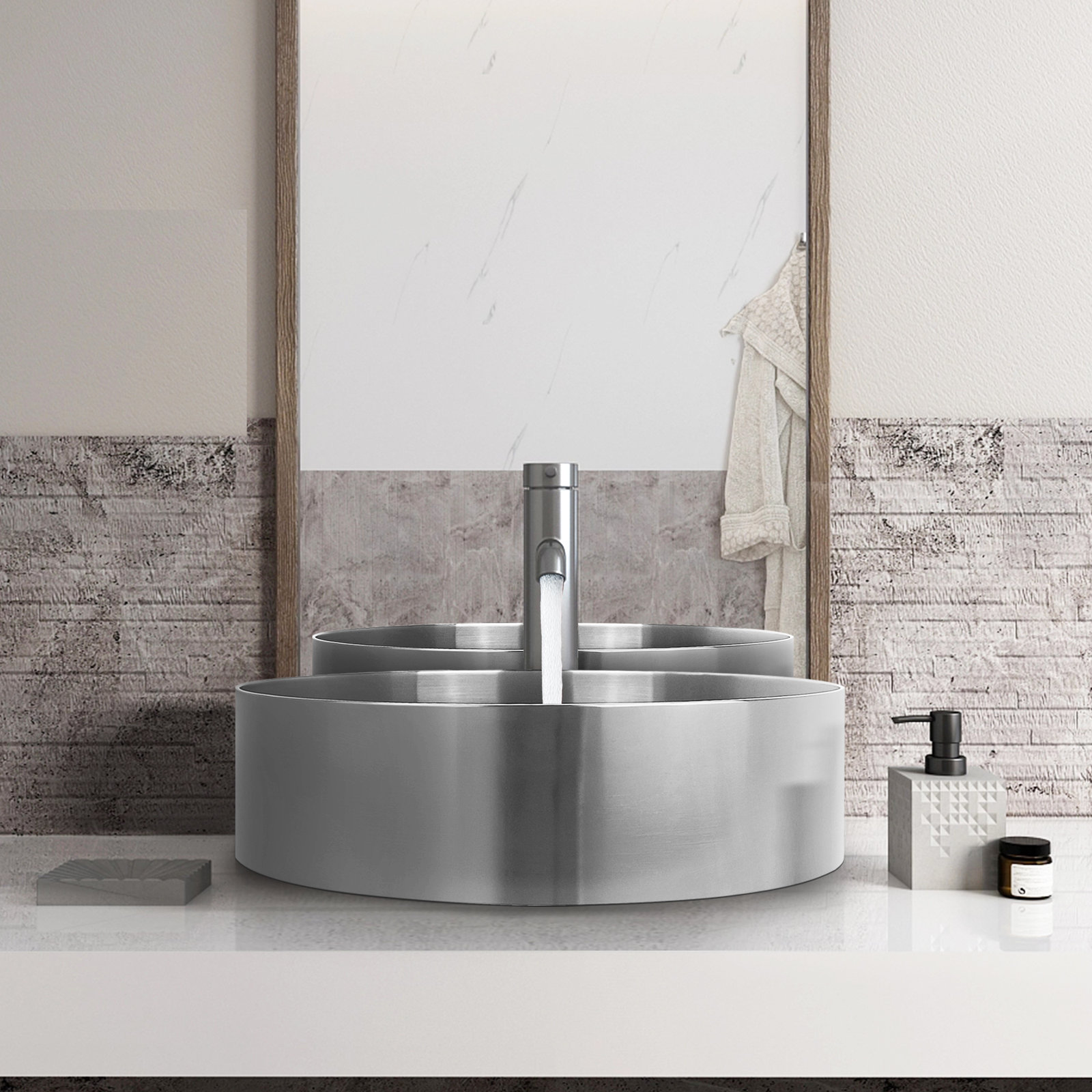 Lavandino moderno del bagno in acciaio inossidabile sopra il lavabo da appoggio con rivestimento nano PVD da 15,8 'lavandino rotondo con scarico