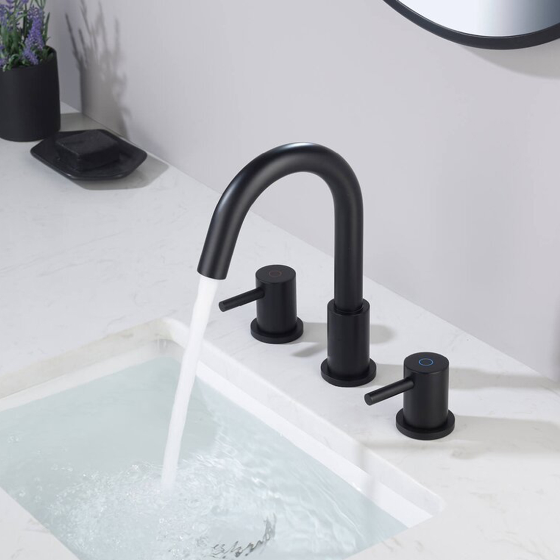 Aquacubic cUPC Rubinetto per bagno nero opaco diffuso da 8 pollici a 3 fori con arco basso a 2 maniglie