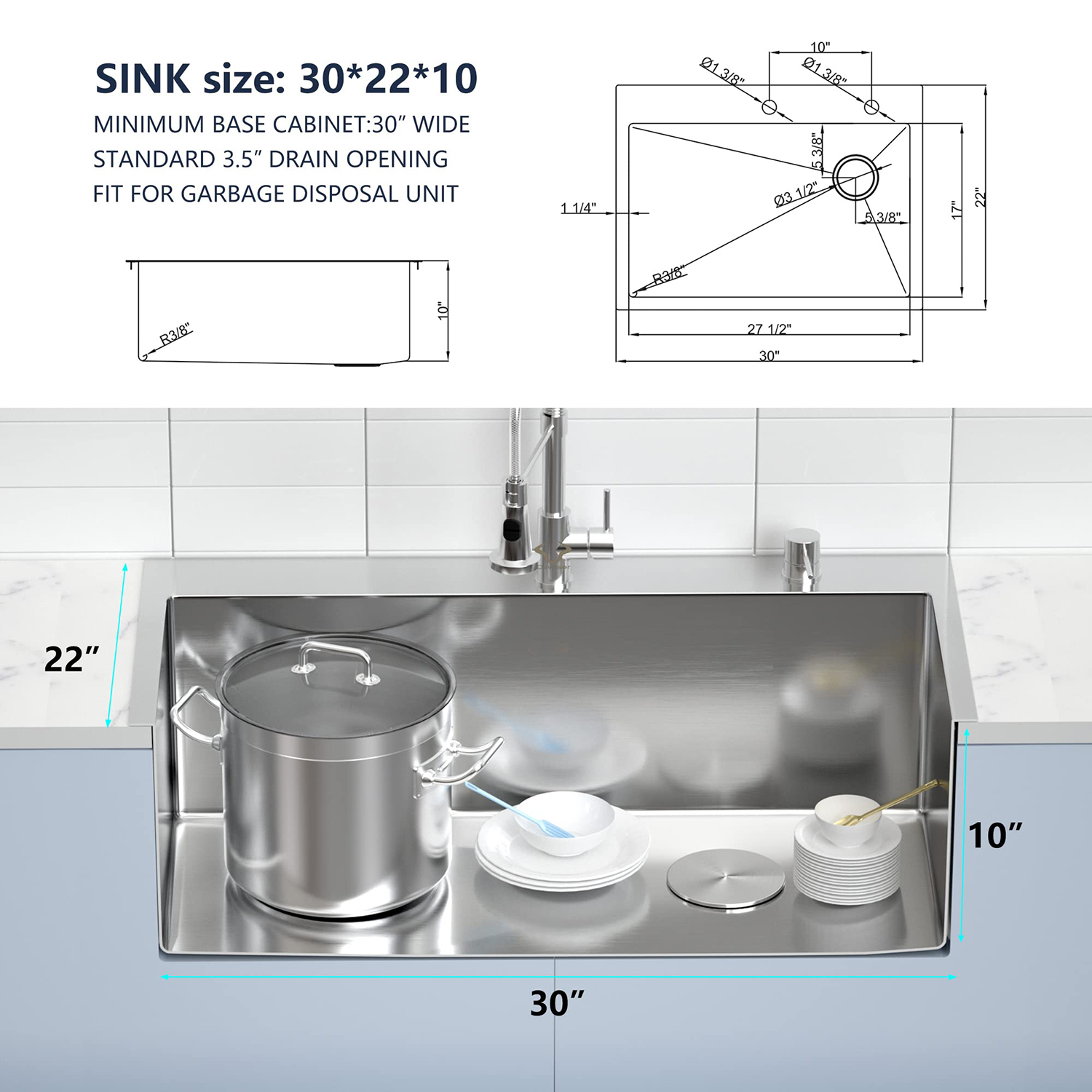 Lavello da cucina Topmount da 30 pollici fatto a mano in acciaio inossidabile Aquacubic 304 della fabbrica cinese con dimensioni personalizzate