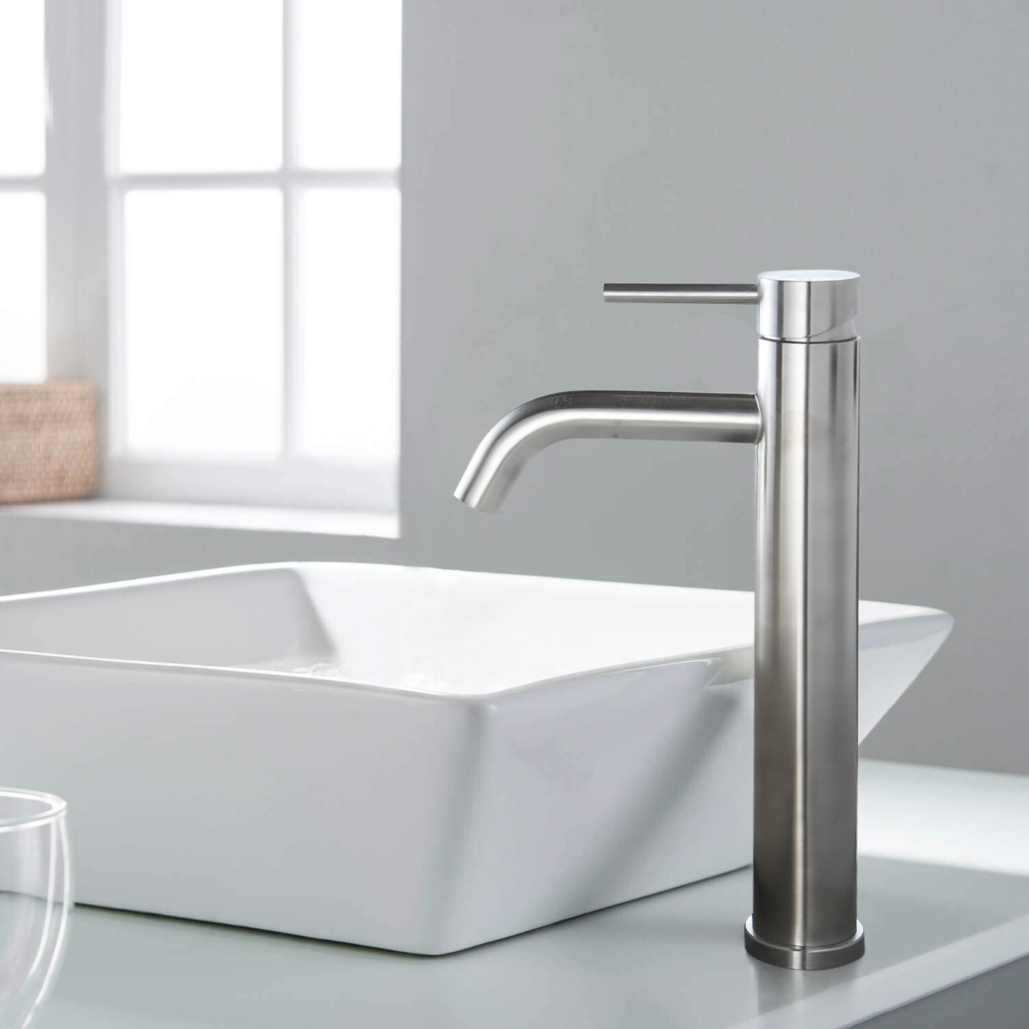 Rubinetto miscelatore lavabo alto per lavabo in acciaio inox con maniglia singola Aquacubic con scarico pop-up